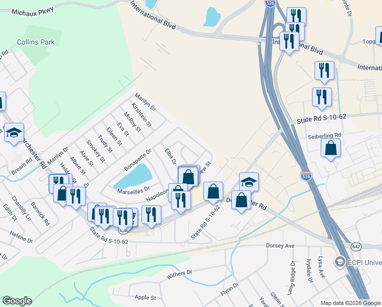 map of restaurants, bars, coffee shops, grocery stores, and more near 5104 Southside Drive in North Charleston