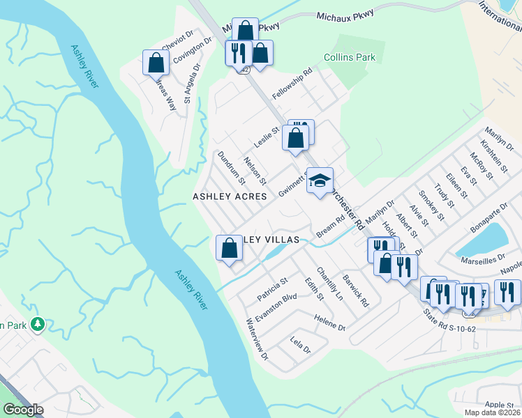map of restaurants, bars, coffee shops, grocery stores, and more near 5582 Betty Court in North Charleston
