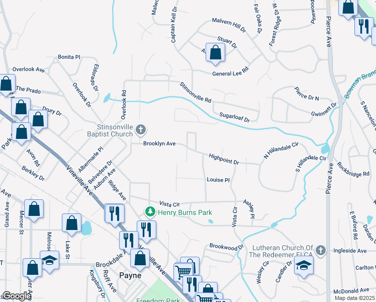 map of restaurants, bars, coffee shops, grocery stores, and more near 588 Adamson Street in Macon