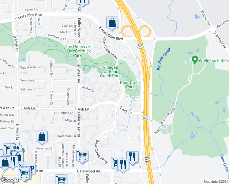 map of restaurants, bars, coffee shops, grocery stores, and more near 855 East Ash Lane in Euless