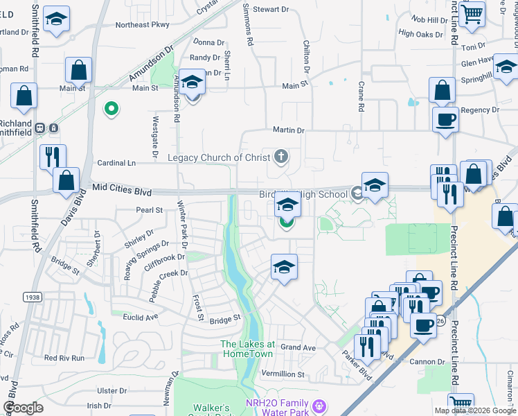 map of restaurants, bars, coffee shops, grocery stores, and more near 6 Cardinal Lane in North Richland Hills