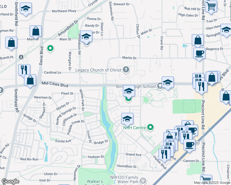 map of restaurants, bars, coffee shops, grocery stores, and more near 6 Cardinal Lane in North Richland Hills