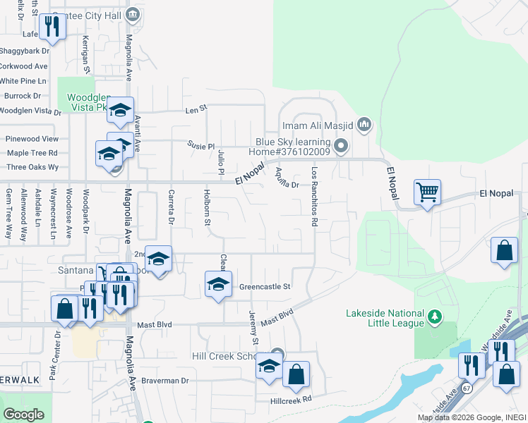 map of restaurants, bars, coffee shops, grocery stores, and more near 9985 Delia Lane in Santee