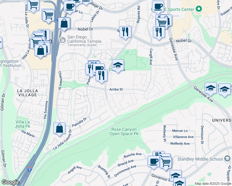 map of restaurants, bars, coffee shops, grocery stores, and more near 3803 Camino Lindo in San Diego