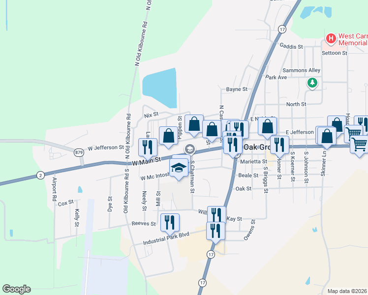 map of restaurants, bars, coffee shops, grocery stores, and more near 604-698 West Main Street in Oak Grove