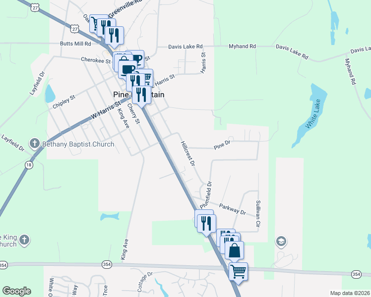 map of restaurants, bars, coffee shops, grocery stores, and more near 337 Gardenview Drive in Pine Mountain