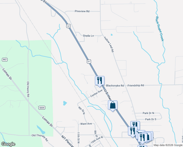 map of restaurants, bars, coffee shops, grocery stores, and more near 500 Inverness Drive in Clanton