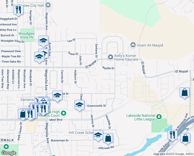 map of restaurants, bars, coffee shops, grocery stores, and more near 9985 Delia Lane in Santee