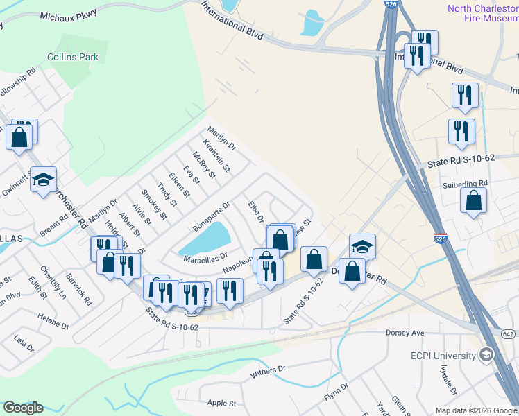 map of restaurants, bars, coffee shops, grocery stores, and more near 5179 Elba Drive in North Charleston