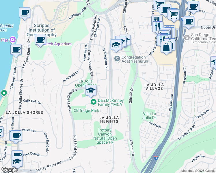 map of restaurants, bars, coffee shops, grocery stores, and more near 8471 Cliffridge Lane in San Diego