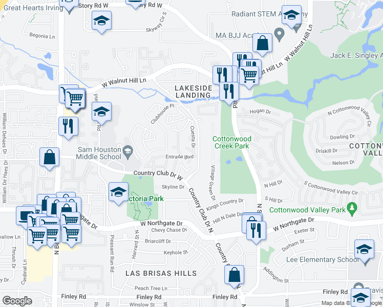 map of restaurants, bars, coffee shops, grocery stores, and more near 4231 Cuesta Drive in Irving