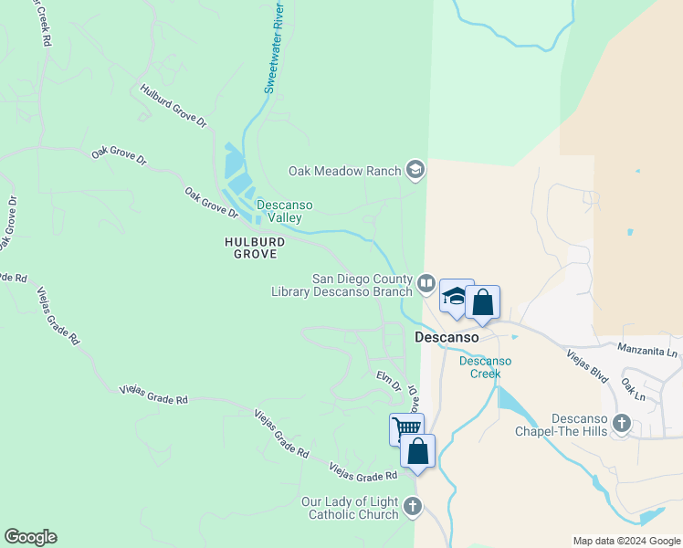 map of restaurants, bars, coffee shops, grocery stores, and more near 9720 Oak Grove Drive in Descanso