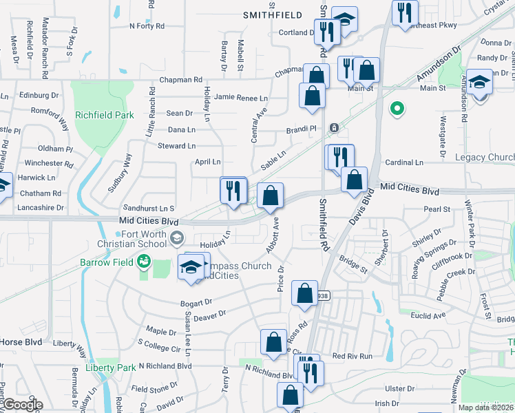 map of restaurants, bars, coffee shops, grocery stores, and more near 7636 Resting Mews in North Richland Hills