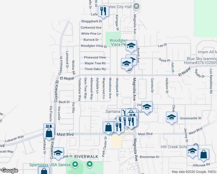 map of restaurants, bars, coffee shops, grocery stores, and more near 10047 Woodrose Avenue in Santee