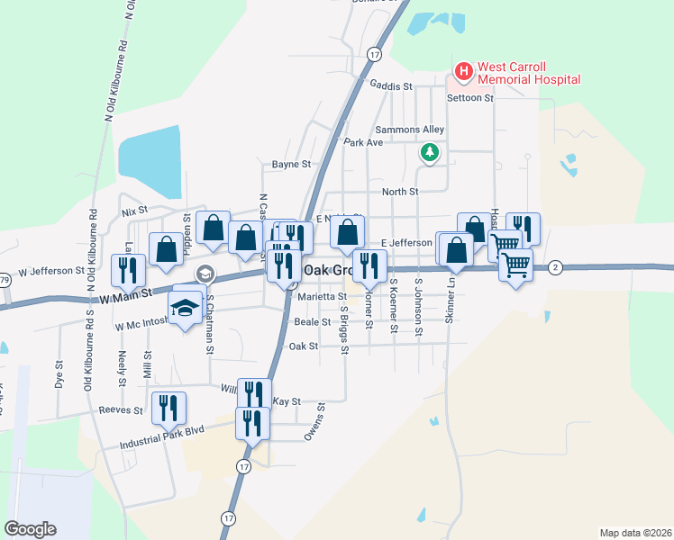 map of restaurants, bars, coffee shops, grocery stores, and more near in Oak Grove