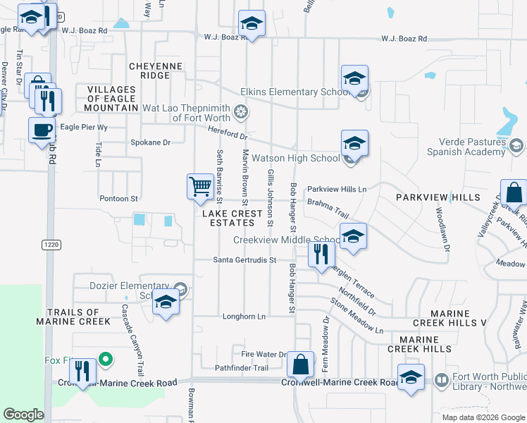 map of restaurants, bars, coffee shops, grocery stores, and more near 6813 Gillis Johnson Street in Fort Worth