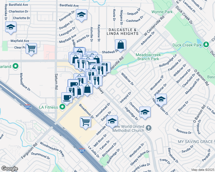 map of restaurants, bars, coffee shops, grocery stores, and more near 741 Baruna Circle in Garland