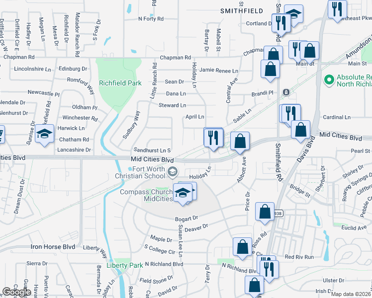 map of restaurants, bars, coffee shops, grocery stores, and more near 6302 Mark Court in North Richland Hills