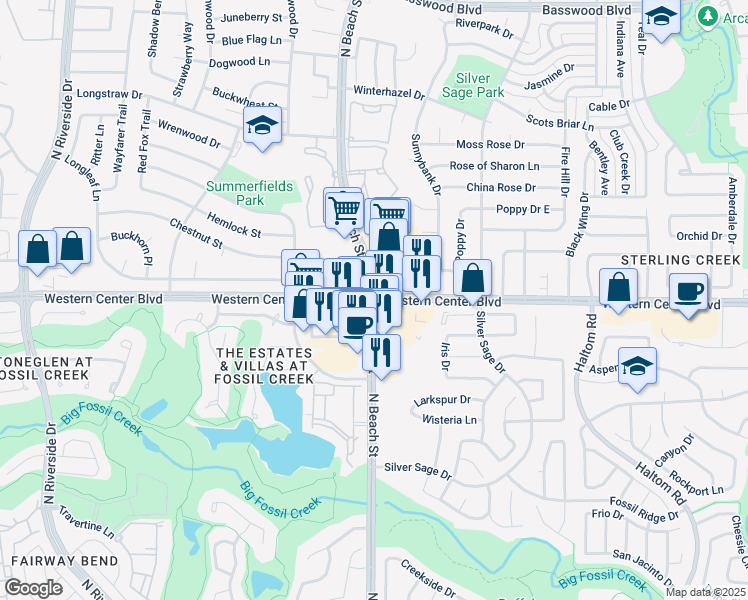 map of restaurants, bars, coffee shops, grocery stores, and more near North Beach Street & Western Center Boulevard in Fort Worth