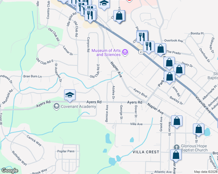 map of restaurants, bars, coffee shops, grocery stores, and more near 4371 Barrington Place in Macon