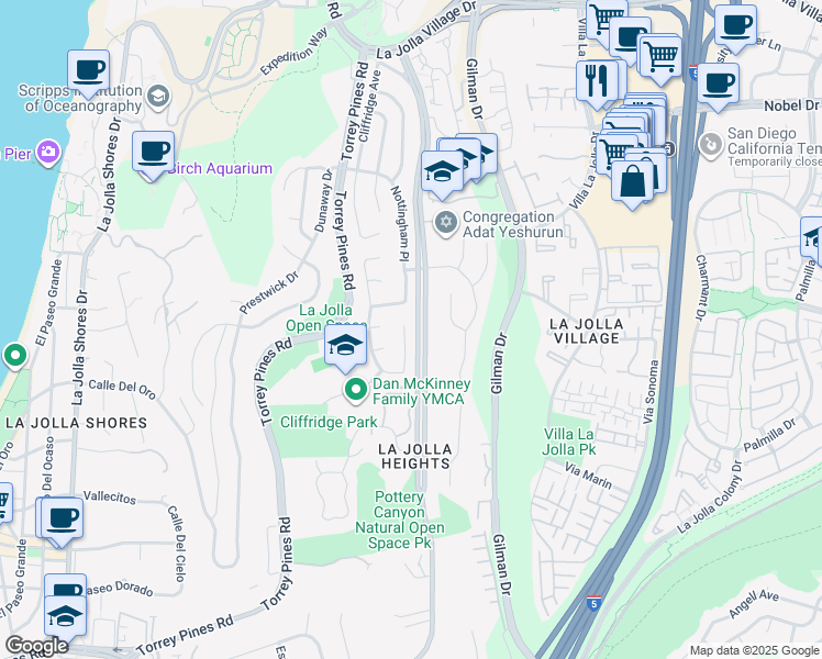 map of restaurants, bars, coffee shops, grocery stores, and more near 8471 Cliffridge Lane in San Diego