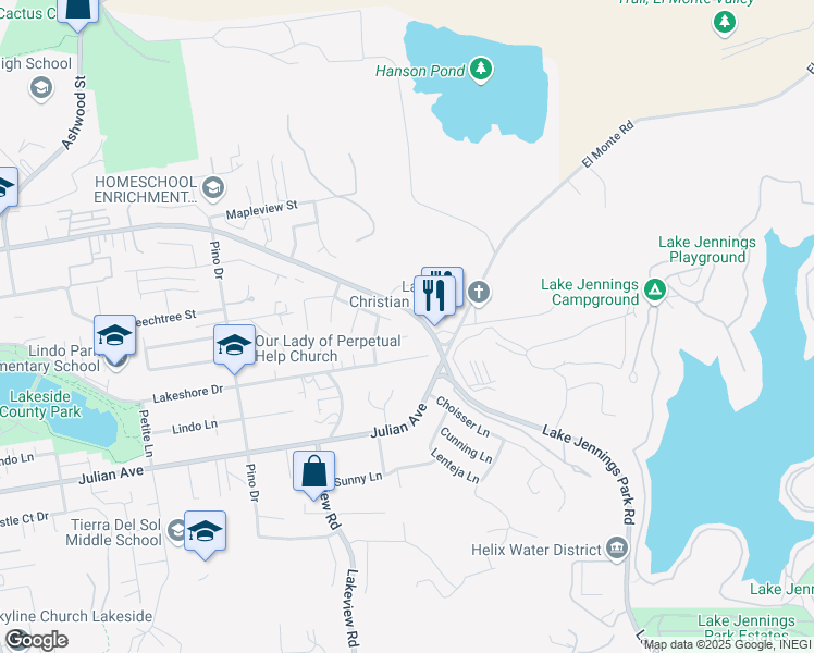 map of restaurants, bars, coffee shops, grocery stores, and more near 13552 Brett Harte Drive in Lakeside