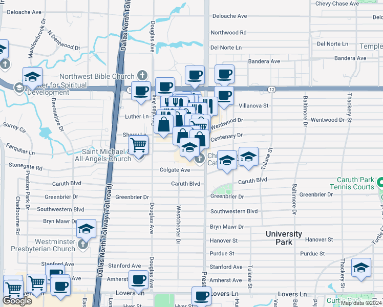 map of restaurants, bars, coffee shops, grocery stores, and more near 8115 Preston Road in Dallas