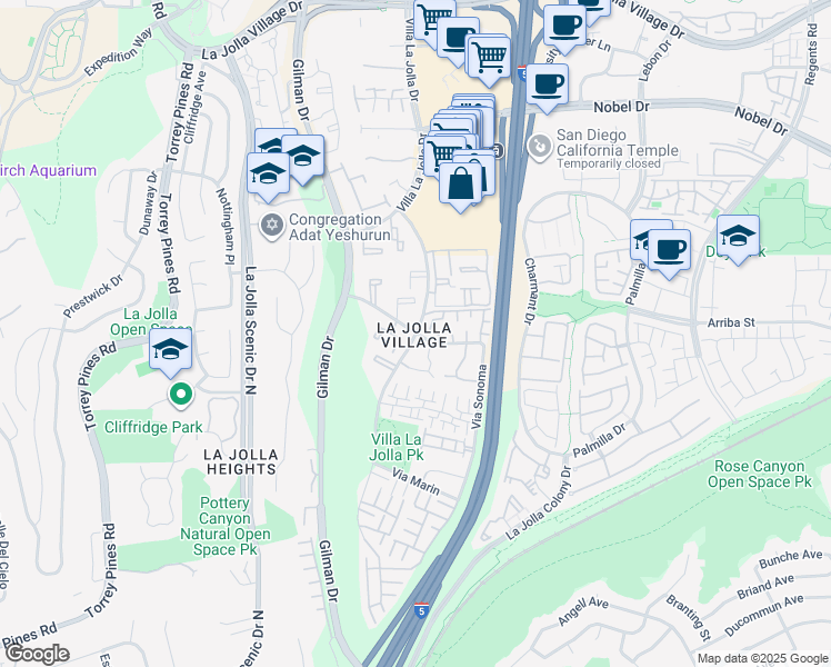 map of restaurants, bars, coffee shops, grocery stores, and more near Via Mallorca & Via Alicante in San Diego