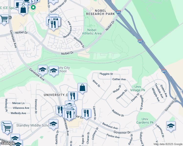 map of restaurants, bars, coffee shops, grocery stores, and more near 220 Rous Street in San Diego