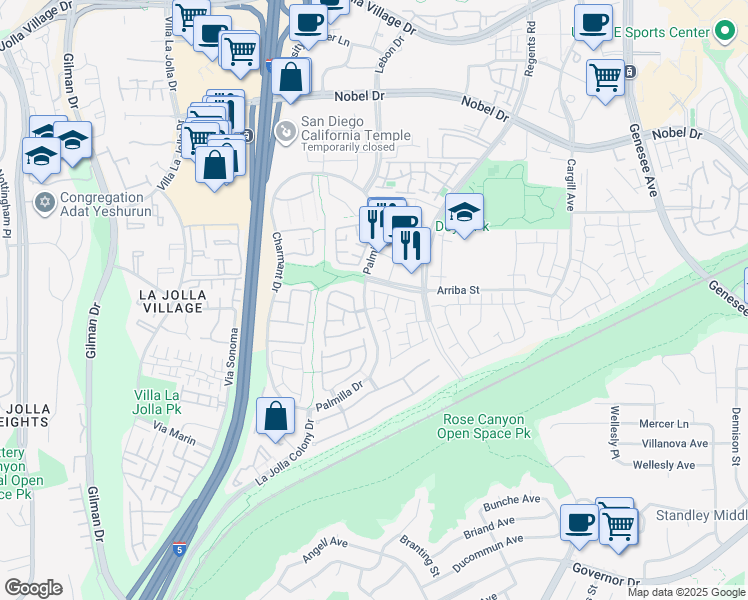 map of restaurants, bars, coffee shops, grocery stores, and more near 7487 Porte De Palmas in San Diego
