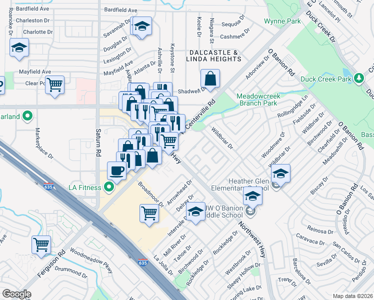 map of restaurants, bars, coffee shops, grocery stores, and more near 741 Baruna Circle in Garland