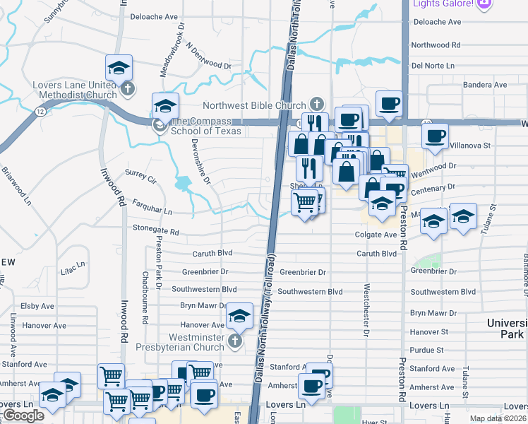 map of restaurants, bars, coffee shops, grocery stores, and more near 5753 Stonegate Road in Dallas