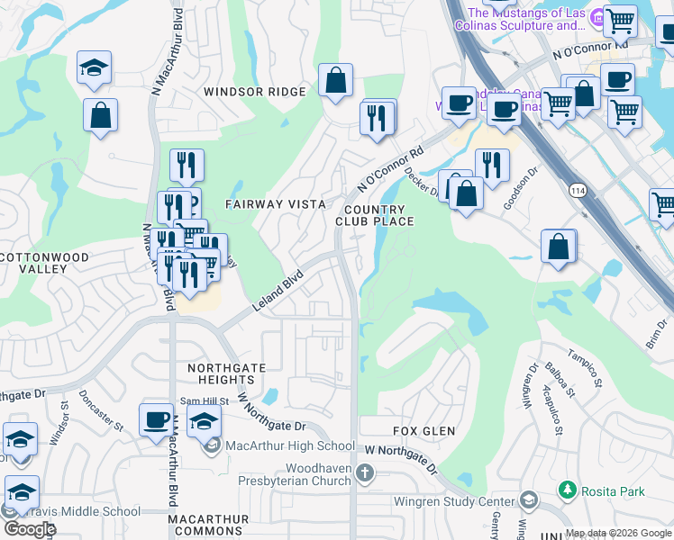 map of restaurants, bars, coffee shops, grocery stores, and more near 4509 North O'Connor Road in Irving