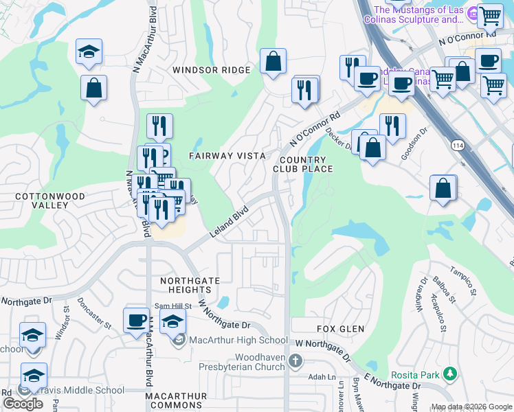 map of restaurants, bars, coffee shops, grocery stores, and more near 4537 North O'Connor Road in Irving