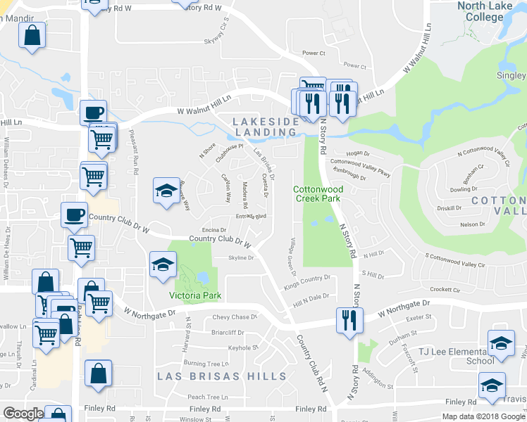 map of restaurants, bars, coffee shops, grocery stores, and more near 2507 Tierra in Irving