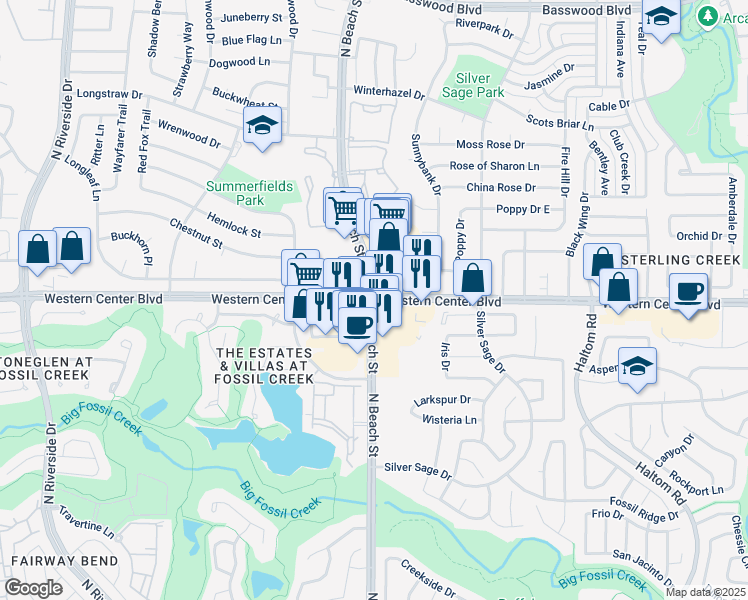 map of restaurants, bars, coffee shops, grocery stores, and more near 4450 Western Center Boulevard in Fort Worth