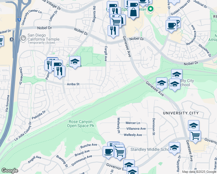 map of restaurants, bars, coffee shops, grocery stores, and more near 7833 Camino Huerta in San Diego