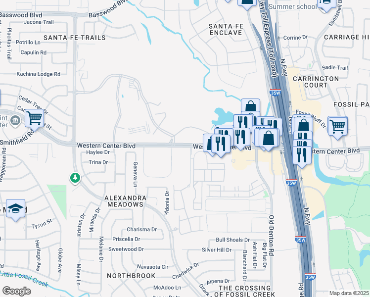 map of restaurants, bars, coffee shops, grocery stores, and more near 2600 Western Center Boulevard in Fort Worth