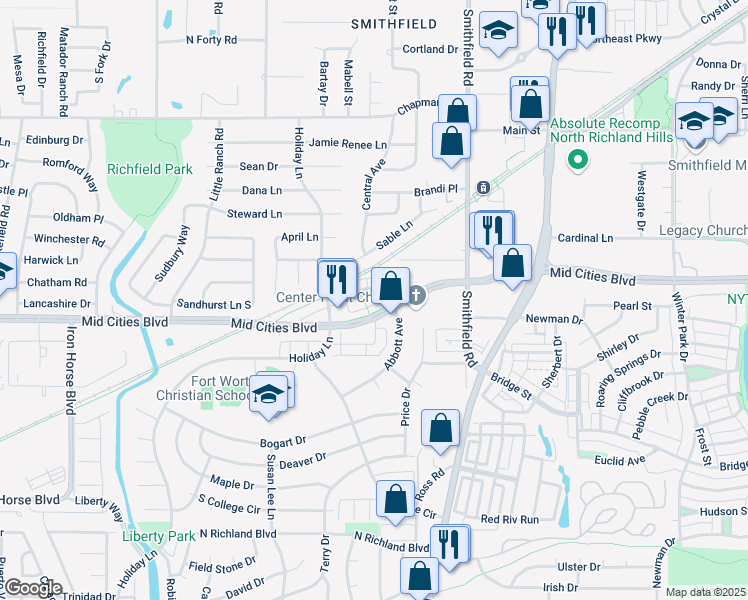 map of restaurants, bars, coffee shops, grocery stores, and more near in North Richland Hills