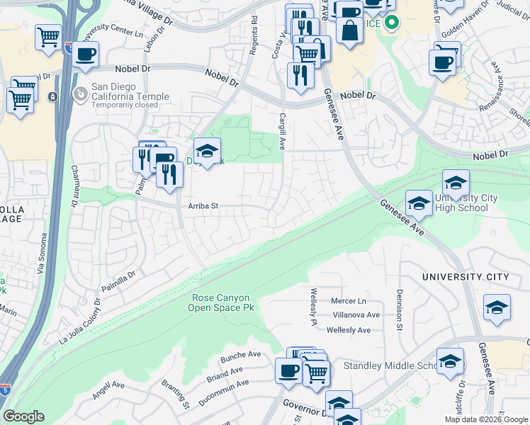 map of restaurants, bars, coffee shops, grocery stores, and more near 7765 Camino Glorita in San Diego