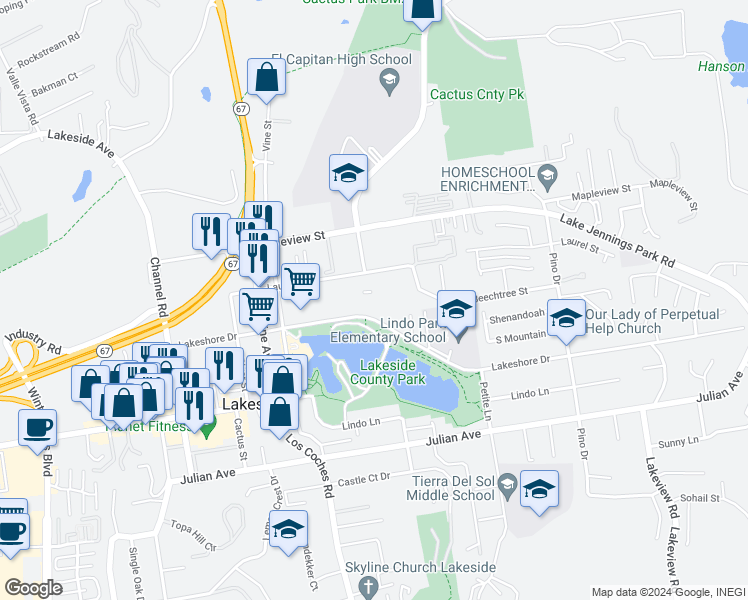 map of restaurants, bars, coffee shops, grocery stores, and more near 12642 Lakeshore Drive in Lakeside