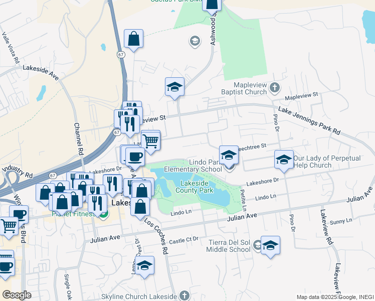 map of restaurants, bars, coffee shops, grocery stores, and more near in Lakeside