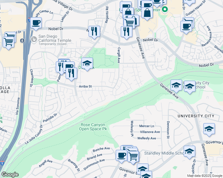 map of restaurants, bars, coffee shops, grocery stores, and more near 7789 Camino Glorita in San Diego