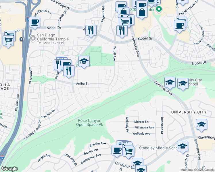 map of restaurants, bars, coffee shops, grocery stores, and more near 7765 Camino Glorita in San Diego