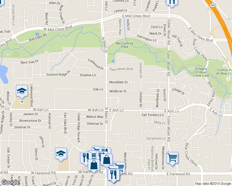 map of restaurants, bars, coffee shops, grocery stores, and more near 203 Edinborough Drive in Euless