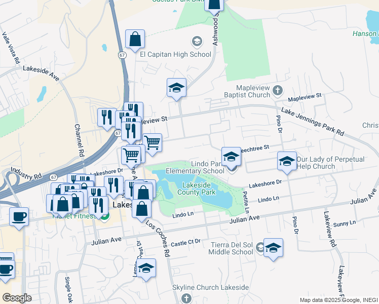 map of restaurants, bars, coffee shops, grocery stores, and more near 12650 Lakeshore Drive in Lakeside