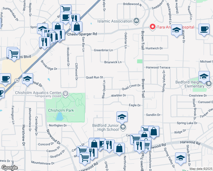 map of restaurants, bars, coffee shops, grocery stores, and more near 301 Quail Crest Drive in Bedford