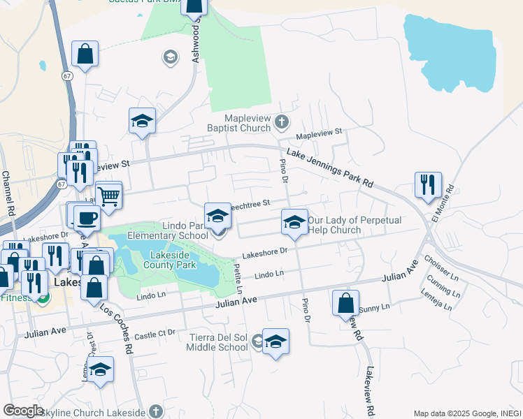 map of restaurants, bars, coffee shops, grocery stores, and more near 13038 Shenandoah Drive in Lakeside