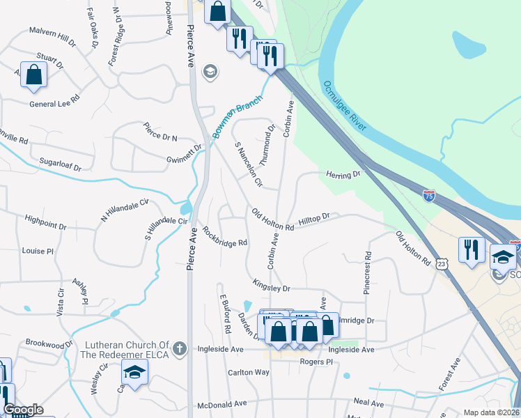 map of restaurants, bars, coffee shops, grocery stores, and more near 2471 Old Holton Road in Macon