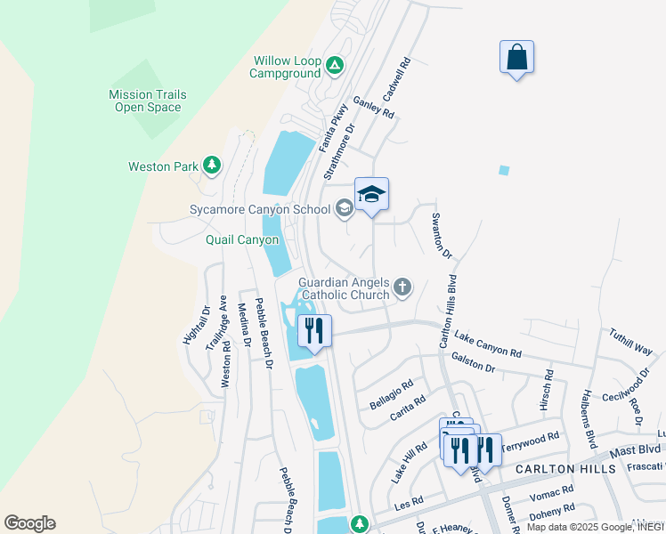 map of restaurants, bars, coffee shops, grocery stores, and more near 9208 Holmby Way in Santee